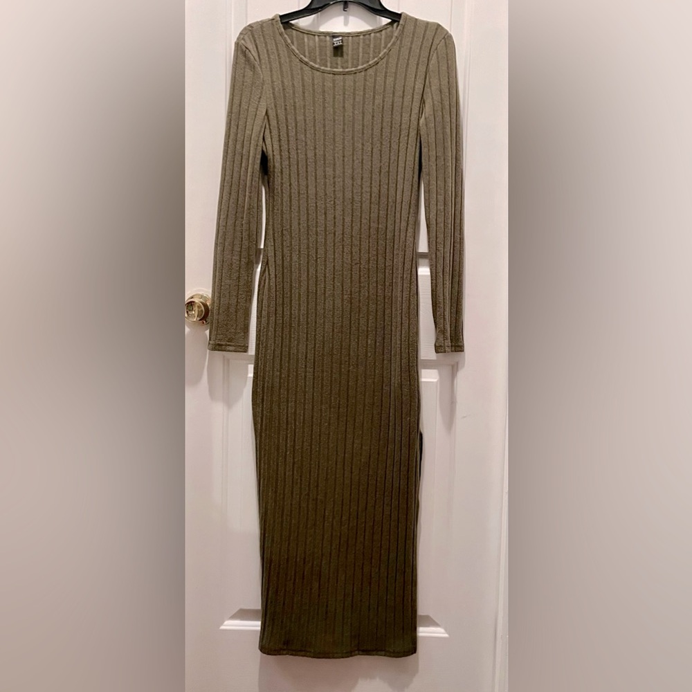 Women's Ribbed Stretch Long Sleeve Round Neck Bodycon Dress Green Size 6